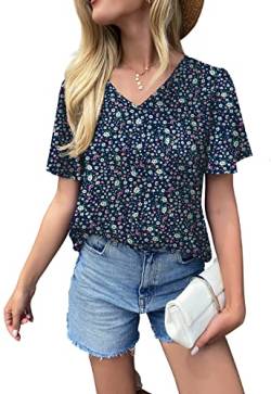 WANGZHI Damen Oberteile V-Ausschnitt fließende Kurze Ärmel Sommeroberteile Hemden Top (YH Blume/Blau X Large) von WANGZHI