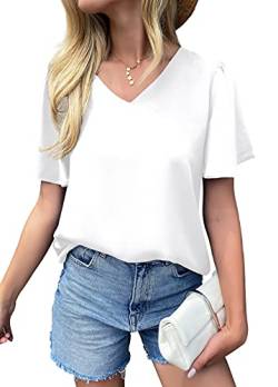 WANGZHI Damen Sommer Chiffon Bluse V-Ausschnitt kurzärmelige Hemden lässige lockere Passform (weiß klein) von WANGZHI
