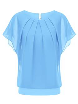 WANGZHI Damen Sommer Fledermausärmel Chiffon Bluse Rundkragen Casual T-Shirt Loose Fit Kurzarm Tunika Festliche Oberteile Basic Shirt Tops Chiffonbluse Hellblau XXL von WANGZHI