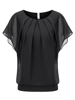 WANGZHI Damen Sommer Fledermausärmel Chiffon Bluse Rundkragen Casual T-Shirt Loose Fit Kurzarm Tunika Festliche Oberteile Basic Shirt Tops Chiffonbluse Schwarz XL von WANGZHI