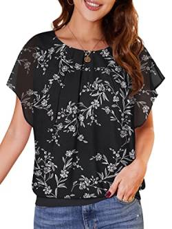 WANGZHI Damen Sommer Fledermausärmel Chiffon Bluse Rundkragen Casual T-Shirt Loose Fit Kurzarm Tunika Festliche Oberteile Basic Shirt Tops Chiffonbluse YH-Schwarze Blätter M von WANGZHI