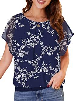 WANGZHI Damen Sommer Fledermausärmel Chiffon Bluse Rundkragen Casual T-Shirt Loose Fit Kurzarm Tunika Festliche Oberteile Basic Shirt Tops Chiffonbluse YH-Weiße Blätter/blau XXL von WANGZHI