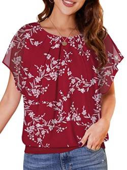 WANGZHI Damen Sommer Fledermausärmel Chiffon Bluse Rundkragen Casual T-Shirt Loose Fit Kurzarm Tunika Festliche Oberteile Basic Shirt Tops Chiffonbluse YH-Weiße Blätter/rot L von WANGZHI