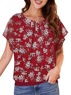 WANGZHI Damen Sommer Fledermausärmel Chiffon Bluse Rundkragen Casual T-Shirt Loose Fit Kurzarm Tunika Festliche Oberteile Basic Shirt Tops Chiffonbluse YH-weiße Blume/rot XL von WANGZHI