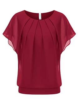 WANGZHI Damen Sommer Fledermausärmel Chiffon Bluse Rundkragen Casual T-Shirt Loose Fit Kurzarm Tunika Festliche Oberteile Basic Shirt Tops Chiffonbluse rot M von WANGZHI