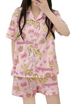 WANHONGYUE Anime Pyjamas Damen Mädchen Sleepwear Loungewear Short Pyjama Set Short Sleeve Shirt and Shorts 2 Piece Leisure Suit Rosa L von WANHONGYUE