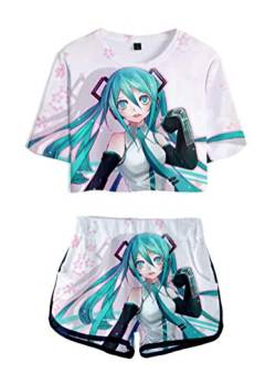 WANHONGYUE Anime Vocaloid Hatsune Miku 3D Druck T-Shirt und Kurze Hosen Damen Mädchen Crop Top und Shorts Zweiteiler Anzug Set 1021/6 XXL von WANHONGYUE