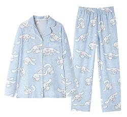 WANHONGYUE Damen Cute Cinnamoroll Pyjamas with Button Placket Long Sleeve Shirt with Pyjama Bottoms Sleepwear Loungewear Pyjamas Set Two Piece Leisure Suit Blau-1 L von WANHONGYUE