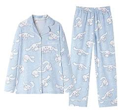 WANHONGYUE Damen Cute Cinnamoroll Pyjamas with Button Placket Long Sleeve Shirt with Pyjama Bottoms Sleepwear Loungewear Pyjamas Set Two Piece Leisure Suit Blau-1 M von WANHONGYUE