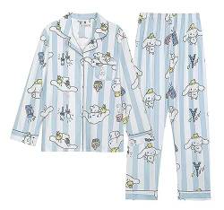 WANHONGYUE Damen Cute Cinnamoroll Pyjamas with Button Placket Long Sleeve Shirt with Pyjama Bottoms Sleepwear Loungewear Pyjamas Set Two Piece Leisure Suit Blau-2 XL von WANHONGYUE