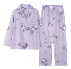 WANHONGYUE Damen Cute Kuromi Pyjamas with Button Placket Long Sleeve Shirt with Pyjama Bottoms Sleepwear Loungewear Pyjamas Set Two Piece Leisure Suit Lila-1 L von WANHONGYUE