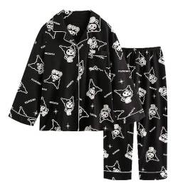 WANHONGYUE Damen Cute Kuromi Pyjamas with Button Placket Long Sleeve Shirt with Pyjama Bottoms Sleepwear Loungewear Pyjamas Set Two Piece Leisure Suit Schwarz L von WANHONGYUE