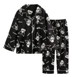 WANHONGYUE Damen Cute Kuromi Pyjamas with Button Placket Long Sleeve Shirt with Pyjama Bottoms Sleepwear Loungewear Pyjamas Set Two Piece Leisure Suit Schwarz M von WANHONGYUE