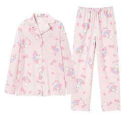 WANHONGYUE Damen Cute My Melody Pyjamas with Button Placket Long Sleeve Shirt with Pyjama Bottoms Sleepwear Loungewear Pyjamas Set Two Piece Leisure Suit Rosa-1 L von WANHONGYUE