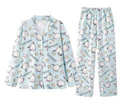 WANHONGYUE Damen Cute Pochacco Pyjamas with Button Placket Long Sleeve Shirt with Pyjama Bottoms Sleepwear Loungewear Pyjamas Set Two Piece Leisure Suit Blau-3 M von WANHONGYUE