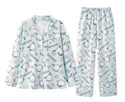 WANHONGYUE Damen Cute Pochacco Pyjamas with Button Placket Long Sleeve Shirt with Pyjama Bottoms Sleepwear Loungewear Pyjamas Set Two Piece Leisure Suit Blau-3 XL von WANHONGYUE