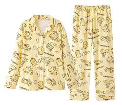 WANHONGYUE Damen Cute Pom Pom Purin Pyjamas with Button Placket Long Sleeve Shirt with Pyjama Bottoms Sleepwear Loungewear Pyjamas Set Two Piece Leisure Suit Gelb L von WANHONGYUE