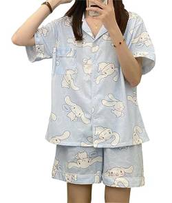 WANHONGYUE Kawaii Cinnamoroll Pyjamas Damen Mädchen Sleepwear Loungewear Short Pyjama Set Anime Short Sleeve Shirt and Shorts 2 Piece Leisure Suit Blau-1 XL von WANHONGYUE
