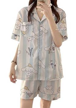 WANHONGYUE Kawaii Cinnamoroll Pyjamas Damen Mädchen Sleepwear Loungewear Short Pyjama Set Anime Short Sleeve Shirt and Shorts 2 Piece Leisure Suit Blau-2 L von WANHONGYUE
