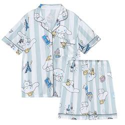 WANHONGYUE Kawaii Cinnamoroll Pyjamas Damen Mädchen Sleepwear Loungewear Short Pyjama Set Anime Short Sleeve Shirt and Shorts 2 Piece Leisure Suit Blau-2 M von WANHONGYUE