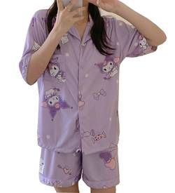 WANHONGYUE Kawaii Kuromi Pyjamas Damen Mädchen Sleepwear Loungewear Short Pyjama Set Anime Short Sleeve Shirt and Shorts 2 Piece Leisure Suit Lila-1 XL von WANHONGYUE