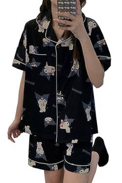 WANHONGYUE Kawaii Kuromi Pyjamas Damen Mädchen Sleepwear Loungewear Short Pyjama Set Anime Short Sleeve Shirt and Shorts 2 Piece Leisure Suit Schwarz L von WANHONGYUE
