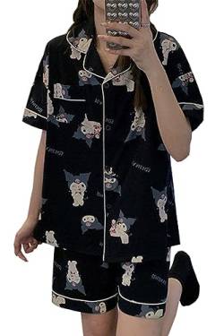 WANHONGYUE Kawaii Kuromi Pyjamas Damen Mädchen Sleepwear Loungewear Short Pyjama Set Anime Short Sleeve Shirt and Shorts 2 Piece Leisure Suit Schwarz XXL von WANHONGYUE