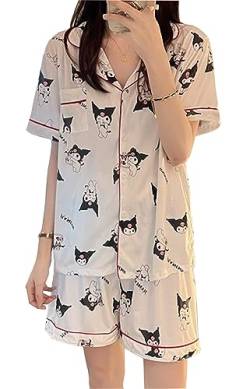 WANHONGYUE Kawaii Kuromi Pyjamas Damen Mädchen Sleepwear Loungewear Short Pyjama Set Anime Short Sleeve Shirt and Shorts 2 Piece Leisure Suit Weiß-1 M von WANHONGYUE