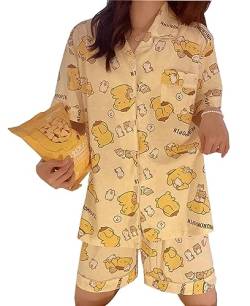 WANHONGYUE Kawaii Pom Pom Purin Pyjamas Damen Mädchen Sleepwear Loungewear Short Pyjama Set Anime Short Sleeve Shirt and Shorts 2 Piece Leisure Suit Gelb XXL von WANHONGYUE