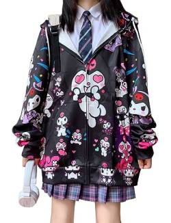 WANHONGYUE Kuromi Hoodie Jacke Damen Mädchen Y2K Zip Up Hoodies Long Sleeve 3D Pullover Sweatjacke Kawaii Anime Hooded Sweatshirt Jacket Schwarz XL von WANHONGYUE