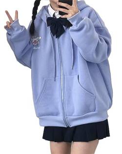 WANHONGYUE My Melody Hoodie Jacke Damen Mädchen Y2K Zip Up Hoodies Fleece Jacket Long Sleeve Pullover Sweatjacke Kawaii Anime Hooded Sweatshirt Coat Blau XL von WANHONGYUE