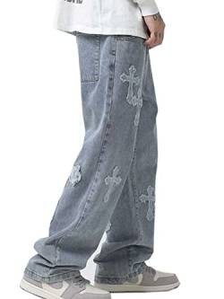 Herren Y2K Baggy Jeans Straight Leg Denim Hosen Patchwork Vintage Hip Hop Jungen Jeanshose Streetwear von WANLAI