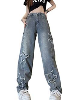 WANLAI Baggy Jeans Y2K Damen Boyfriend Jeans Hohe Taille Vintage Patchwork Stern Gedruckt Denim Hosen Streetwear von WANLAI