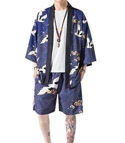 WANLAI Herren Kimono Japanisch 2 Teiliges Outfit Sommer Yukata Mäntel Cardigan Jacke 3/4 Ärmel Baggy Gedruckt Bademantel Urlaub am Strand von WANLAI