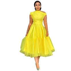 WANMN Langes Kleid Frauen Slash Neck Hohe Taille Kleid Roben Sommer Mesh Splice Elegant Chic Sexy Partykleid Vestidos Vintage,GELB,3XL von WANMN