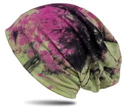 WANSSY® Damen Herren Unisex Uni Farbe Beanie mit Färbemuster Federmuster Fashion Einheitshröße Kopfbedeckung (Pink-Grün) von WANSSY