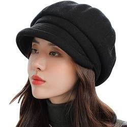 WANYI Beanie Damen Barett Mütze Baskenmütze Dicke Schirmmütze Britischer Retro Stil Mütze Weiche Achteckiger Hut 56-58CM für Frühling Herbst Winter (Schwarz) von WANYI