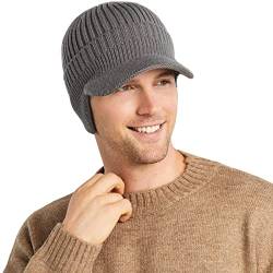 WANYI Gehörschutz Strickmütze Baseballmütze Schirmmütze Herren mit Ohrenklappen Wollmütze Wintermütze Elastisch Verdicken Warm Baseballcap für Herbst und Winter (Einlagig Grau) von WANYI