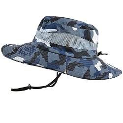 WANYI Sonnenhut Herren UV Schutz Outdoor Wanderhut Fischerhut Trekking Faltbar SafariHut Boonie Hat Dschungelhut Gartenhut Anglerhut Damen mit Kinnband 58-60CM (Tarnung Blau) von WANYI