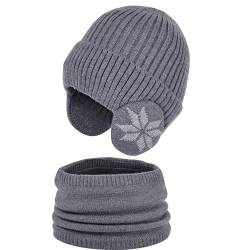 WANYI Winter Mütze Schal Set Damen Winddicht Wintermütze Strickmütze Beanie Mütze Warme Ohrenmütze mit Fleece Gefütterte 55-60cm（Dunkelgrau） von WANYI