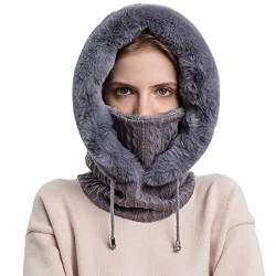 WANYI Wintermütze Strickmütze Sturmhaube Winter Damen mit Kaputzenschal und Ohrenschutz 2 in 1 Warme mütze schal Set Winddichte Mütze Ski Gesichtsmaske mit Fleecefutter 56-59cm (76 Grau) von WANYI