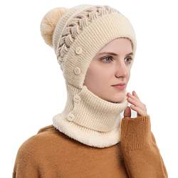 WANYI Wintermütze Strickmütze Sturmhaube Winter Damen mit Kaputzenschal und Ohrenschutz 2 in 1 Warme mütze schal Set Winddichte Mütze Ski Gesichtsmaske mit Fleecefutter 56-59cm (87 Beige) von WANYI