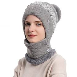 WANYI Wintermütze Strickmütze Sturmhaube Winter Damen mit Kaputzenschal und Ohrenschutz 2 in 1 Warme mütze schal Set Winddichte Mütze Ski Gesichtsmaske mit Fleecefutter 56-59cm (87 Grau) von WANYI