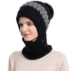 WANYI Wintermütze Strickmütze Sturmhaube Winter Damen mit Kaputzenschal und Ohrenschutz 2 in 1 Warme mütze schal Set Winddichte Mütze Ski Gesichtsmaske mit Fleecefutter 56-59cm (87 Schwarz) von WANYI