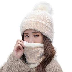 WANYIG 2 in 1 Winter Strickmütze Schal Mütze Set Wintermütze Beanie Damen Warme Loop Strickschal Winddichte Cap mit Fleecefutter 55-60CM(16 Beige) von WANYIG