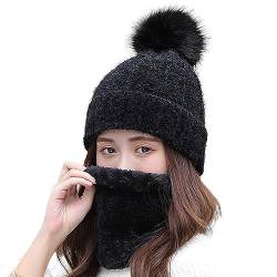 WANYIG 2 in 1 Winter Strickmütze Schal Mütze Set Wintermütze Beanie Damen Warme Loop Strickschal Winddichte Cap mit Fleecefutter 55-60CM(16 Schwarz) von WANYIG