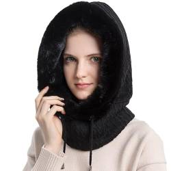 WANYIG 2 in 1 Wintermütze Strickmütze Warme Mütze Kreis Schal Set Balaclava Winter Stricken Mütze mit Fleecefutter für Damen Winddichte Mütze Kälteschutz Skimütze 56-60CM (Schwarz) von WANYIG