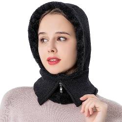 WANYIG 3 in 1 Strickmütze Fliegermütze Winddichte Winter Thermo Gesichtsmaske Sturmhauben Skimaske Damen Nackenwärmer Schlauchschal(08 Schwarz) von WANYIG