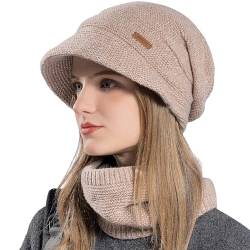 WANYIG Damen Wintermütze Strickmütze mit Schal mit Schal Herbst Damenmützen Winter Schal und Mütze Set mit Visier/Weichem Innenfutter Gefütterte (Beige) von WANYIG