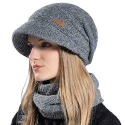 WANYIG Damen Wintermütze Strickmütze mit Schal mit Schal Herbst Damenmützen Winter Schal und Mütze Set mit Visier/Weichem Innenfutter Gefütterte (Dunkelgrau) von WANYIG